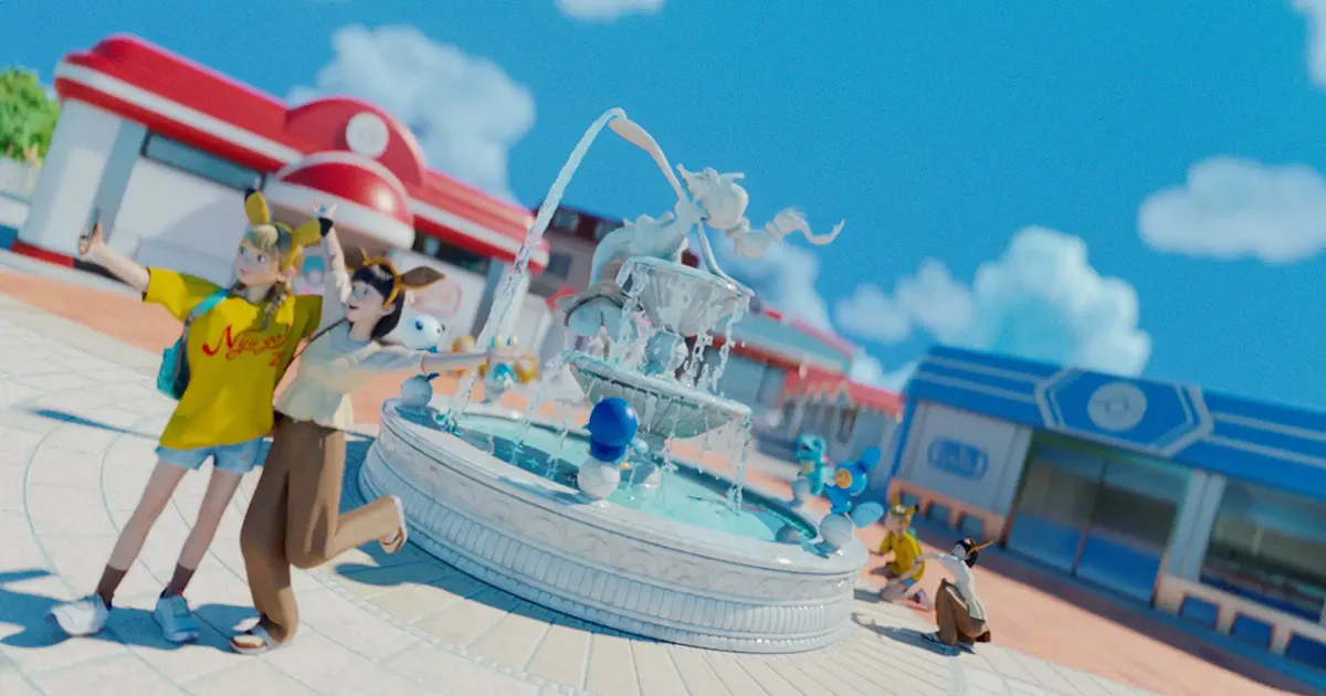 Fans posant avec des statues Pokémon à Tokyo